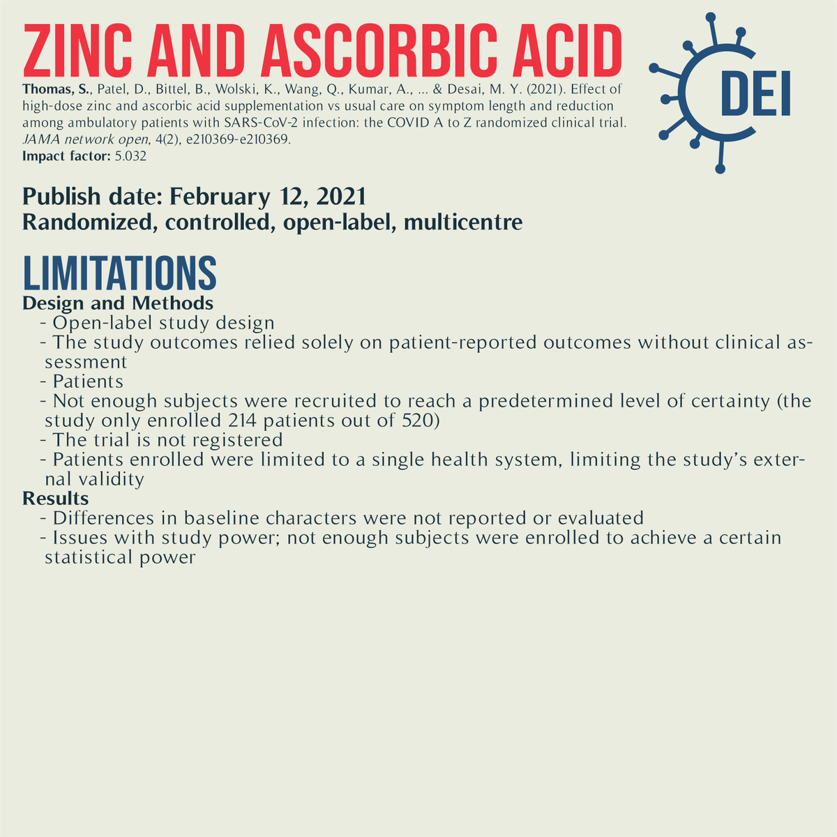 Covid19_DEI's tweet image. Our PICO, appraisal, &amp;amp; limitations for this trial looking at a variation of #AscorbicAcid &amp;amp; #ZincGluconate vs. standard of care for #COVID19 Tx. 

#RCT #MedTwitter #TwitteRx #clinicatrial #NurseTwitter #IDtwitter #pharmacyschool #pharmacystudent #evidencebasedmedicine #CovidRx