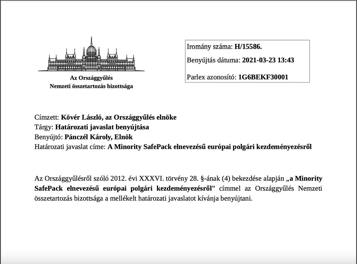 Vincze Loránt (@vinczelorant) on Twitter photo 📜🇭🇺🇪🇺 Today the Hungarian Parliament debates a motion for resolution on <a href="/EU_Commission/">European Commission</a>'s response to #MinoritySafePack. The Committee on Nationalities and Committee on National Cohesion unanimously adopted statements supporting <a href="/MSPI_EU/">#MinoritySafePack Initiative</a>. Vote in 3 weeks: parlament.hu/irom41/15586/1… 📜🇭🇺🇪🇺 Today the Hungarian Parliament debates a motion for resolution on <a href="/EU_Commission/">European Commission</a>'s response to #MinoritySafePack. The Committee on Nationalities and Committee on National Cohesion unanimously adopted statements supporting <a href="/MSPI_EU/">#MinoritySafePack Initiative</a>. Vote in 3 weeks: parlament.hu/irom41/15586/1…