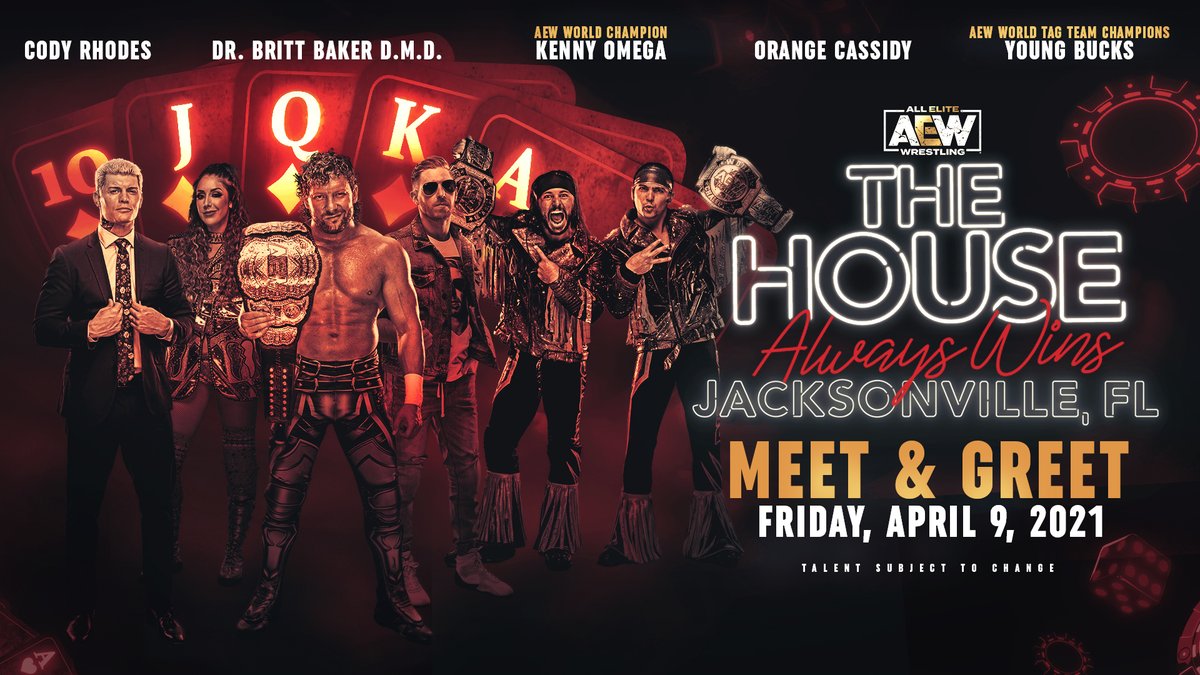 AEW's tweet photo. THIS FRIDAY 4/9, before the start at @AEW's #TheHouseAlwaysWin we will hold a socially distanced meet &amp; greet
-AEW World Champion @KennyOmegamanX
-@CodyRhodes 
-World Tag Team Champs @youngbucks 
-Dr. @RealBrittBaker, D.M.D.
-@orangecassidy 
**Quantity will be limited** https://t.co/ysGheXekcu
