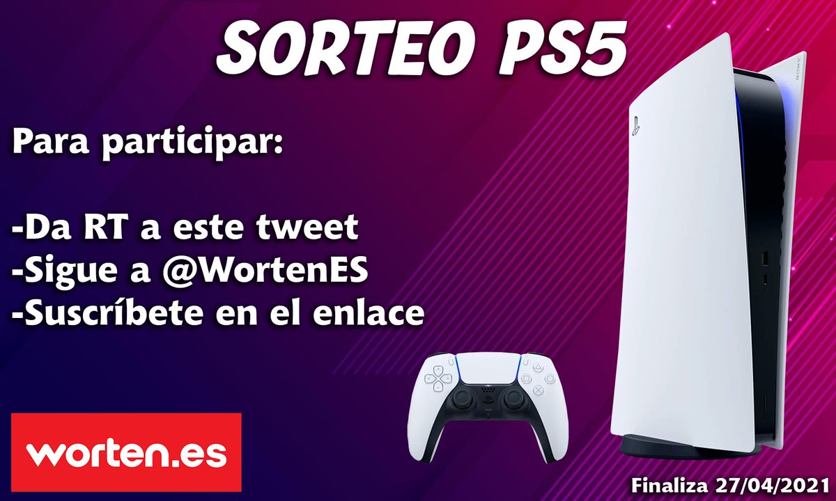 ¡SORTEAMOS UNA PS5!

¿Quieres ganarla? Solo tienes que:

👉🏻 Dar RT
👉🏻 Follow a <a href="/WortenES/">Worten</a> 
👉🏻 Suscribirte en el siguiente enlace:
bit.ly/3dForOX

¡Así de fácil! Muchísima suerte 🍀 

BBLL: bit.ly/3ur3HRR

¡El martes 27 ganador/a! 🏆

#WortenProfetaPS5