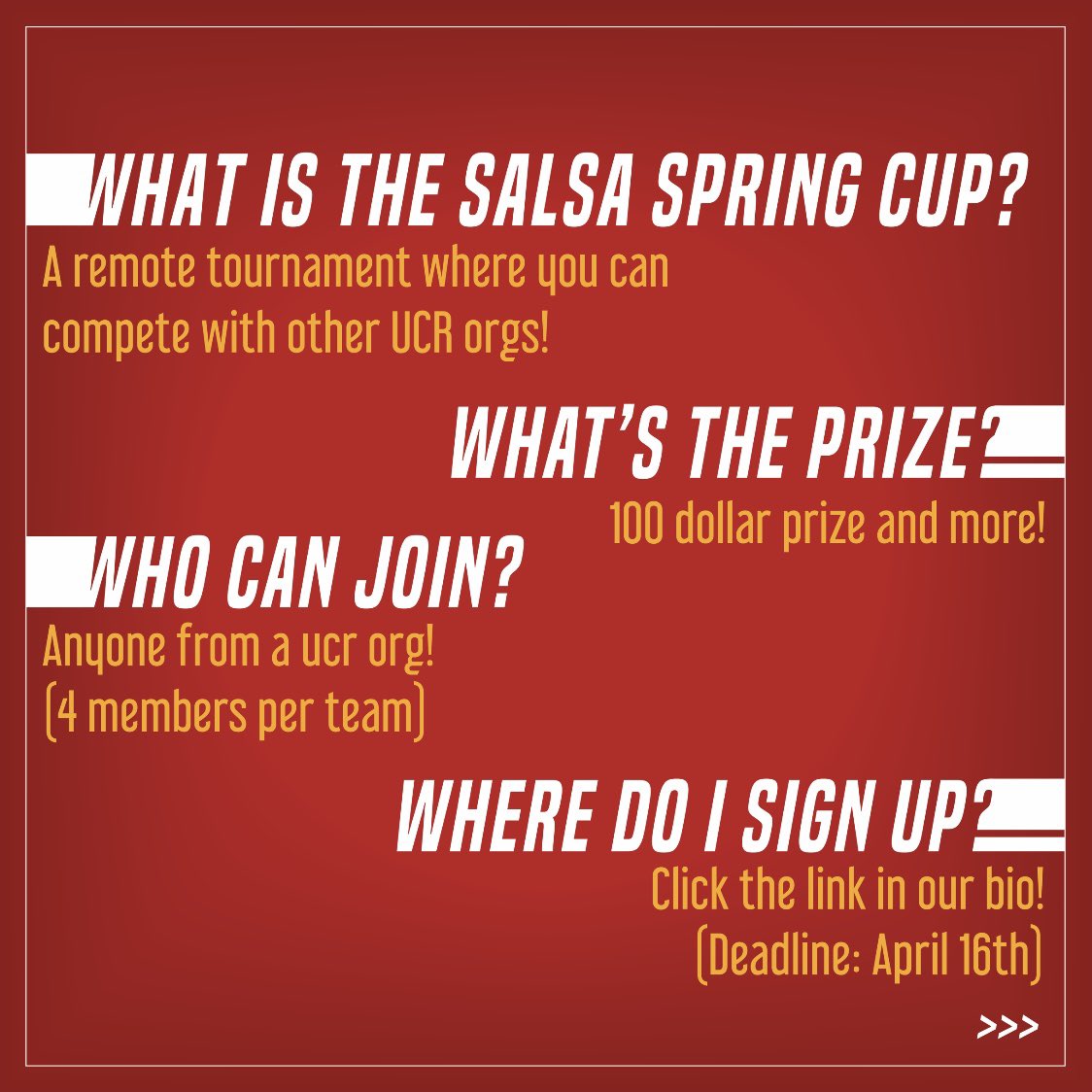 Get ready for our S.A.L.S.A. Spring Cup!!🌶☀️ Sign up your organization to compete in our tournament for a chance to win $100 + more! More information is in our registration link located in our bio. Tag your organization to tell them to register now!🙌