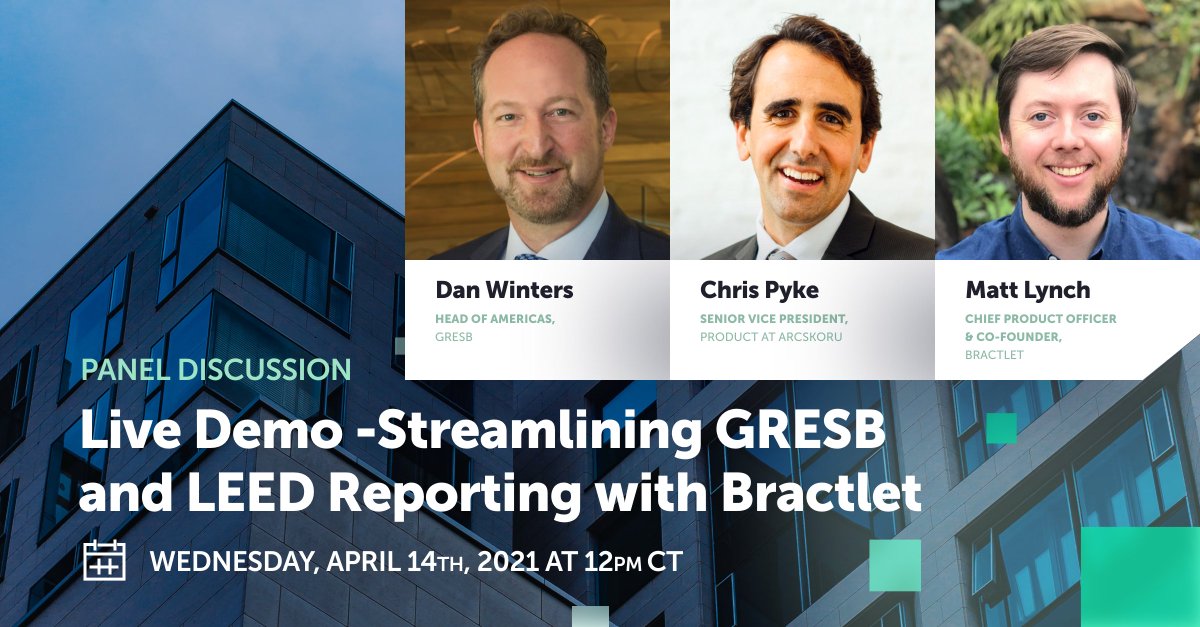 Bractlet's tweet photo. Bractlet Benchmark™ just got better: Our latest platform enhancements provide integrations with #GRESB and #LEED for streamlined #ESG reporting. Join us for a live demo on 4.14.21 at 12 PM CT to learn how to monitor your ESG progress: https://t.co/flupEGbT5Y https://t.co/mYPnu0E8Za