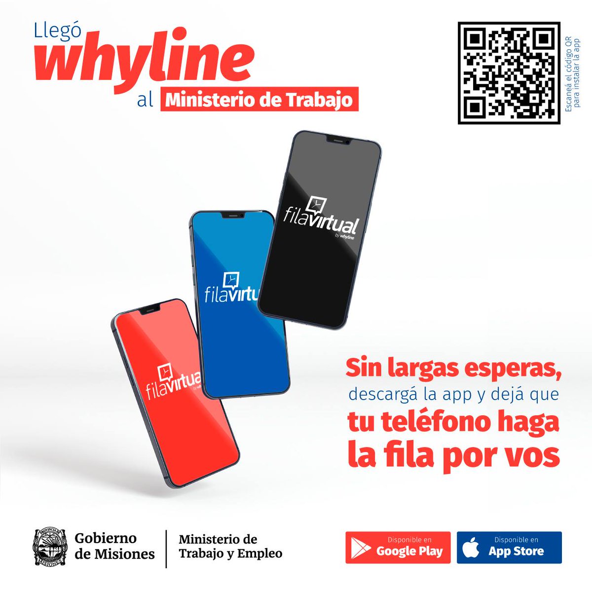 trabajomisiones's tweet photo. LLEGARON LAS FILAS VIRTUALES📱
Nos modernizamos para que tengas una atención más eficiente, segura y ágil.
#FilaVirtual de #Whyline te permite sacar turnos desde el celular y te avisa la hora exacta en la que te vamos a atender.
Disponible para iOS y Android
#MisionesTrabaja https://t.co/M4QfGa8JSV