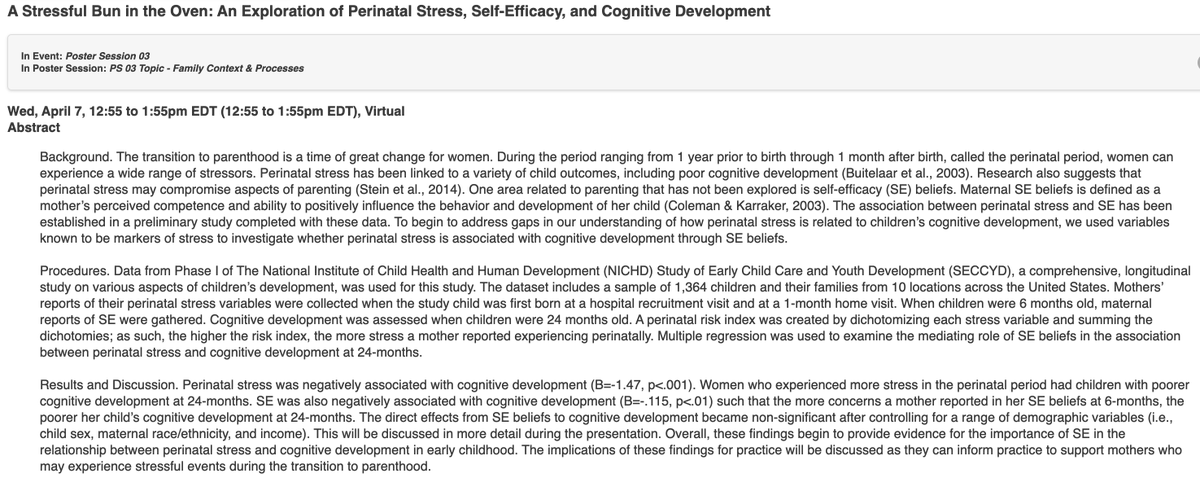 SmolinskiErica's tweet photo. Excited to be presenting my poster today at #SRCD21 at 12:55 EST titled "A Stressful Bun in the Oven: An Exploration of Perinatal Stress, Self-Efficacy, and Cognitive Development"! #SRCD2021 https://t.co/m80XuE77ZX