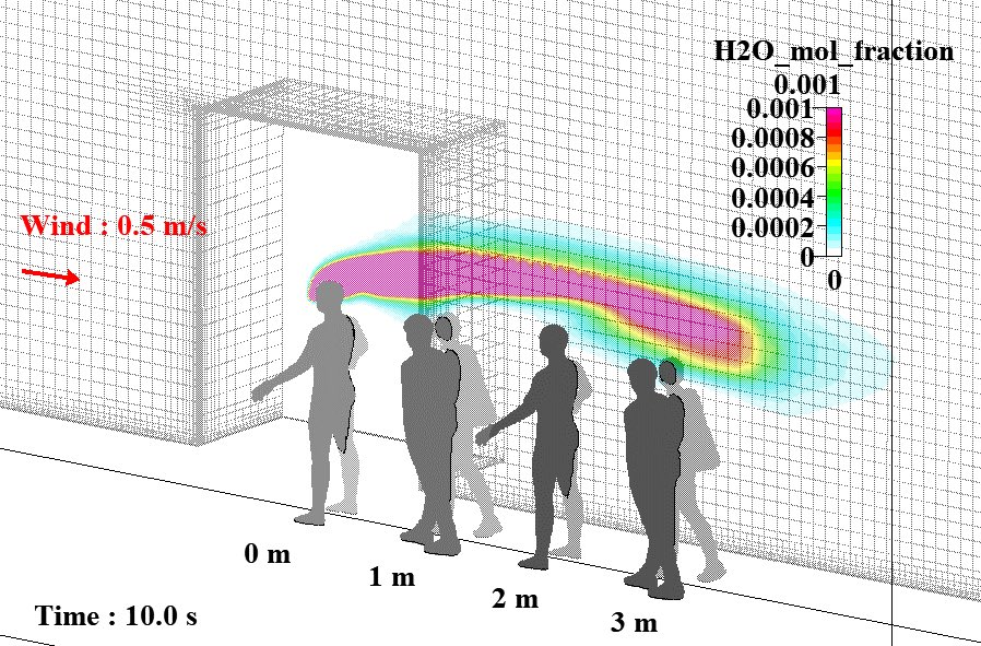 数µm以下のエアロゾル粒子の輸送については気流の解析が重要であり，建物の前に並んだ人の列の例では，3 m後方でも感染リスクがあることが示された．