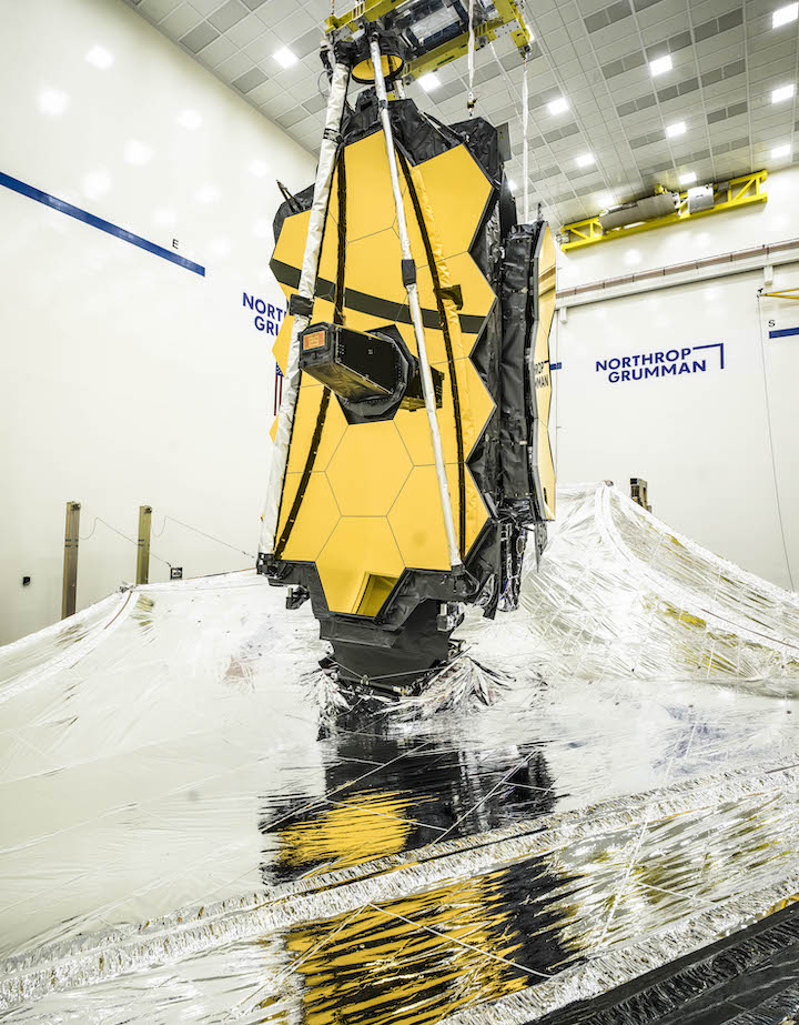 The James Webb Space Telescope with its fully deployed sunshield during testing in December 2020.