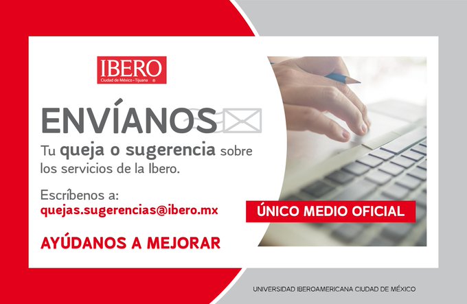 ¿Tienes alguna queja o sugerencia sobre los servicios de la IBERO? ¡Escríbenos al correo quejas.sugerencias@ibero.mx! Juntos podemos mejorar nuestra universidad.
Aquí más información sobre nuestros distintos canales de contacto. ibero.mx/contactanos