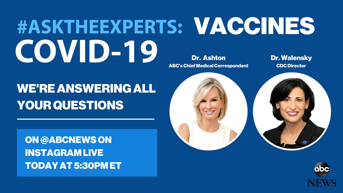 I'm looking forward to joining @abcnews @DrJAshton for an #AskTheExperts Instagram Live! We’re talking #COVID19 vaccines and I hope you’ll join us over on the CDC Instagram page today at 5:30pm ET. https://t.co/b7cNy0wD6g https://t.co/cr5szdTC6D