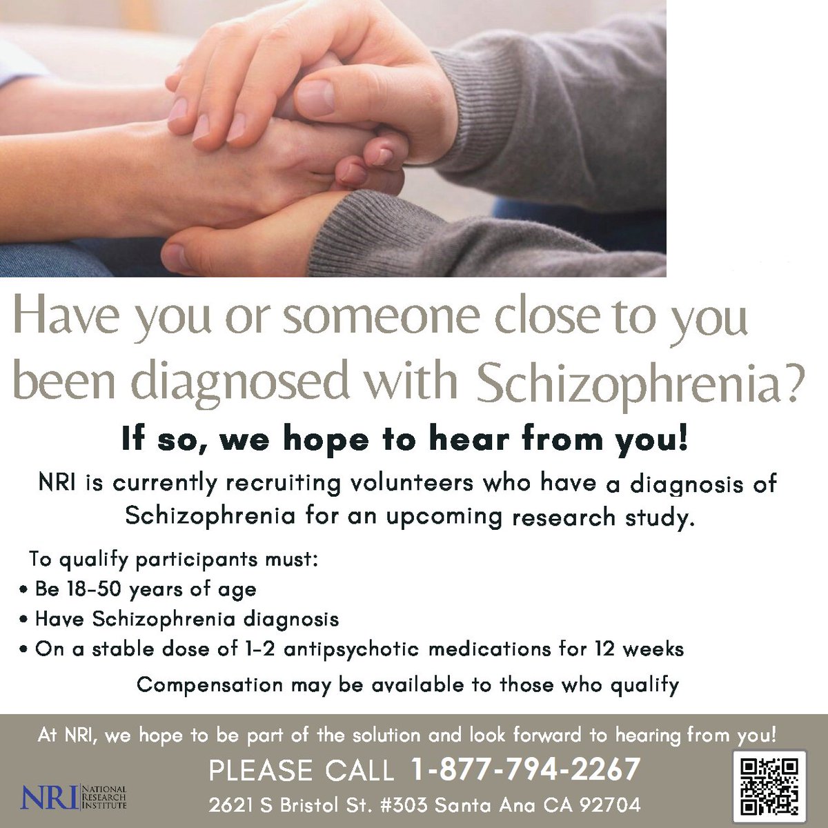 NRITrials's tweet photo. Diagnosed with #schizophrenia ? We hope to hear from you! https://t.co/p1A1TbVKkC