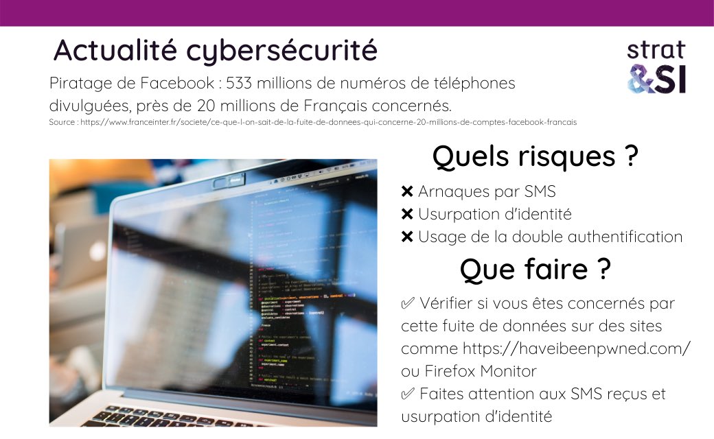 Vous en avez entendu parler ? Le Piratage de @Facebook : 533 millions de numéros de téléphones divulguées, près de 20 millions de Français concernés.
Pour savoir si vous êtes concerné, vous pouvez le vérifier sur le site haveibeenpwned.com 

franceinter.fr/societe/ce-que…