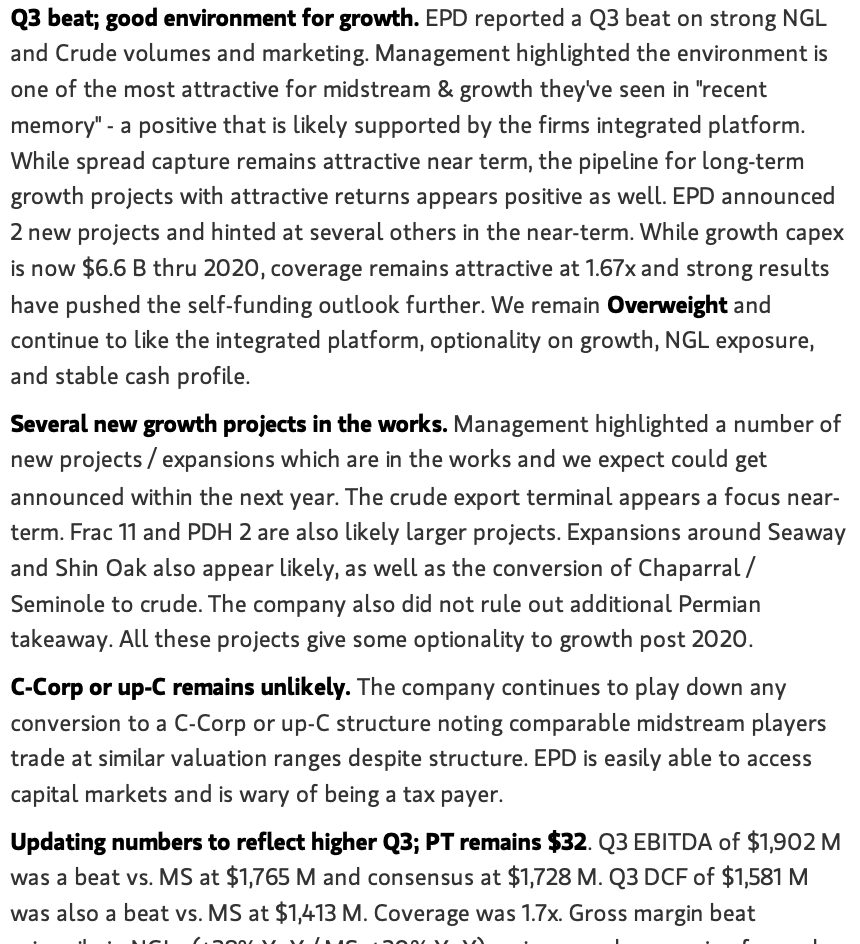 4/ Enterprise Product Partners  $EPD is an energy play with long running excellent gross margins. Morgan Stanley has a $32 price target citing surprisingly bullish Permian outlook. If  $EPD hits $30 by Jan '22, the $25 Calls pay out over 500%. Good inflation hedge