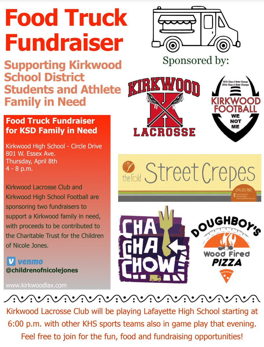 kwoodlacrosse's tweet photo. Our first Food Truck Fundraiser is tomorrow, April 8, Kirkwood HS Essex Lot, 4-8 pm. Proceeds benefit Children of Nicole Jones charitable trust. Come get some great food &amp; support a great cause. @whereschacha @foldstl @stldoughboys https://t.co/miqY0Pt3uo
