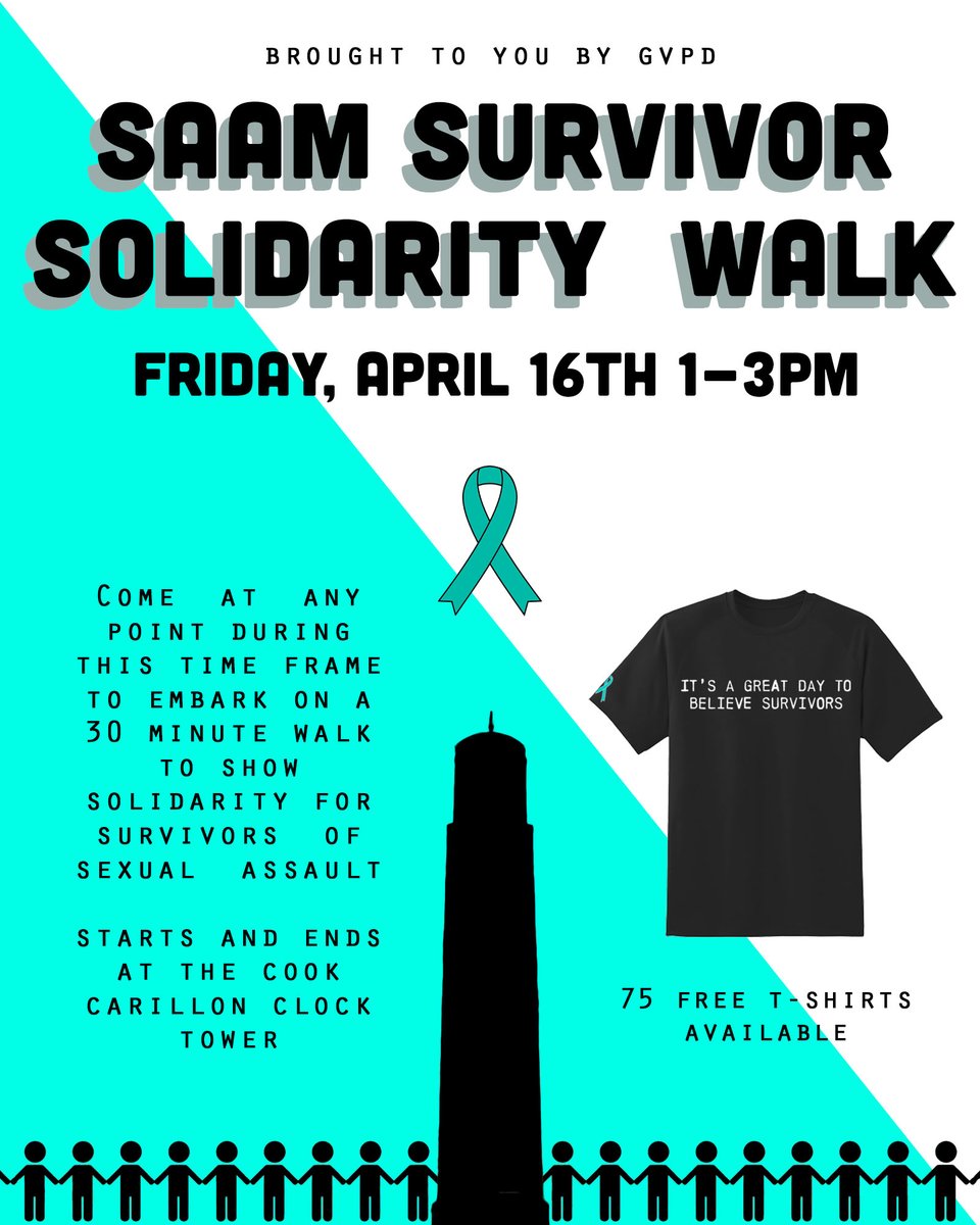 April is Sexual Assault Awareness month! Join us on Friday, April 16th at the clock tower to show solidarity for survivors of sexual assault
