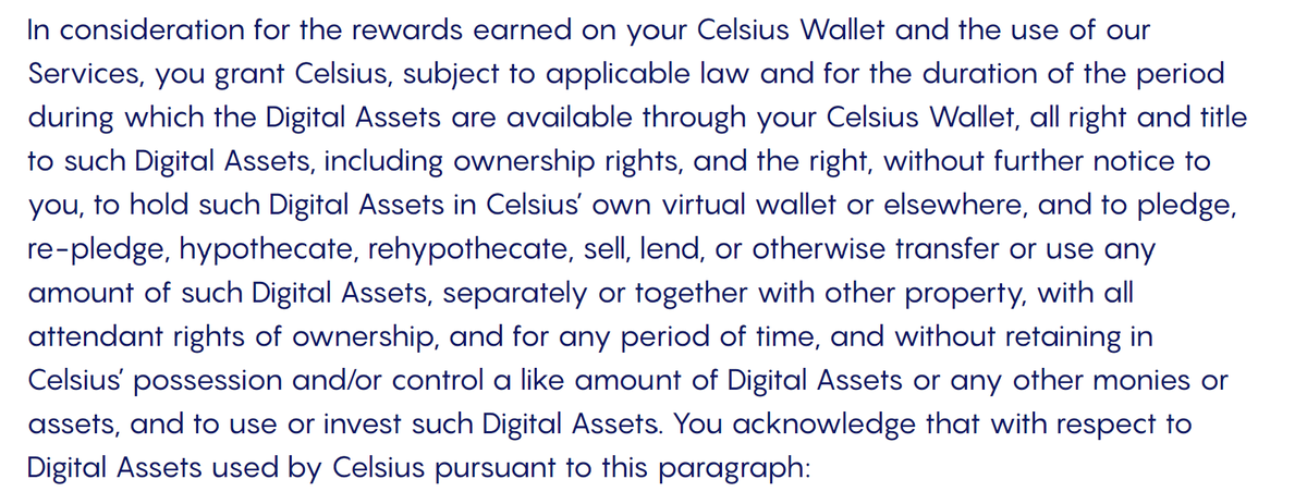 Now let's look at the depositor agreement. Oh look, there is full title transfer here, too. So you no longer own the coins you deposit. Contrary to the impression given in Celsius's blogpost, any coins in cold storage are not held in custody for you, but for Celsius.