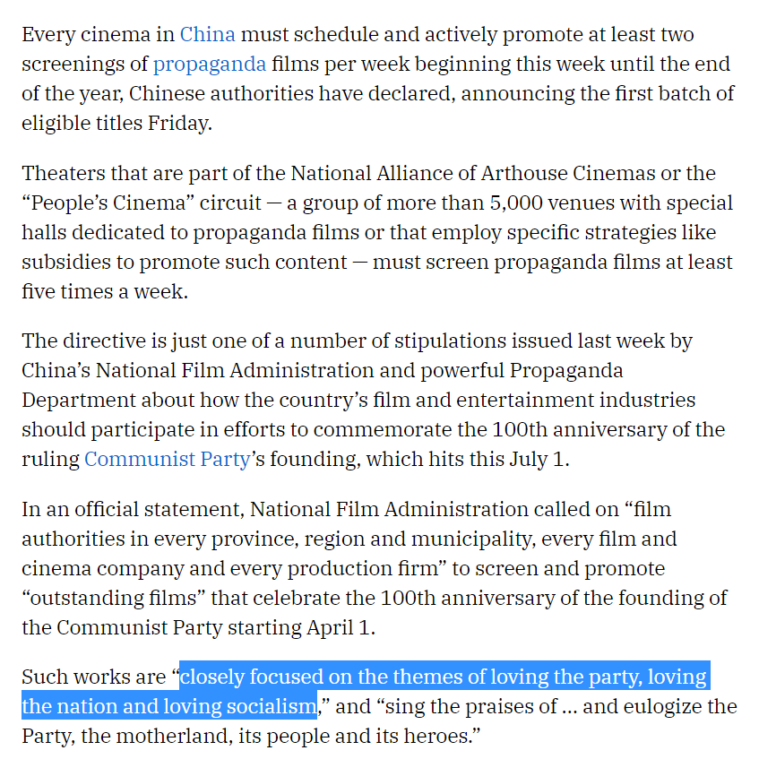 Why is it so hard for people to compare magnitudes of propaganda?Every country has propaganda. Some have more than others. The USA has a lot. China has even more, as seen here: Mandating that theaters promote patriotic movies that support Xi Jinping Thought.