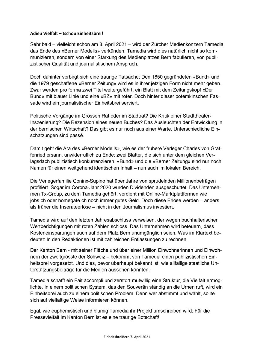 EinheitsbreiB's tweet photo. Früher meinungsfrei, heute Einheitsbrei: Die Redaktionen von «Bund» und «Berner Zeitung» werden zusammengelegt.

Nach über einem halben Jahr der Unsicherheit folgt morgen die Ankündigung der Geschäftsleitung.
Gewohnt wird dabei viel beschönigt.

Lesen Sie hier die Wahrheit. https://t.co/Iw3HJQUTC0