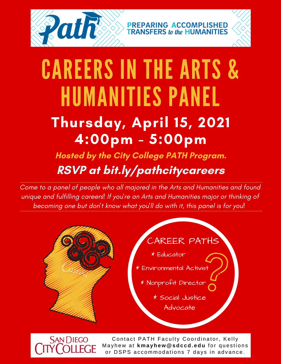 Join PATH at <a href="/sdcitycollege/">SanDiegoCityCollege</a> for a special Careers in the Arts &amp; Humanities Panel on April 15 at 4:00-5:00pm! This event features people with an Arts &amp; Humanities education who found unique, fulfilling careers with a deep investment in social justice.⭐️🧠📚bit.ly/pathcitycareers