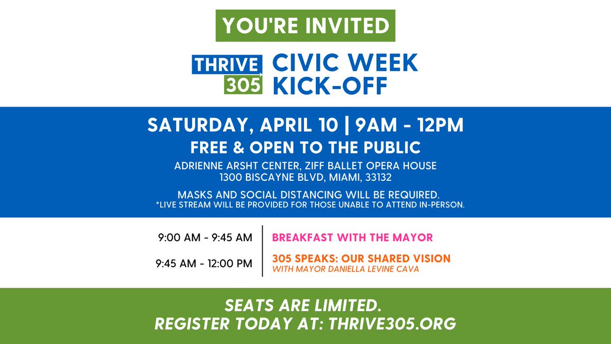 This Saturday, April 10 we are kicking off <a href="/Thrive305/">Thrive 305</a> #CivicWeek. You’re invited to join <a href="/MayorDaniella/">Daniella Levine Cava</a> – in person or virtually – as we launch a week of community conversation and collaboration. 

Learn more and register ➡️  thrive305.org