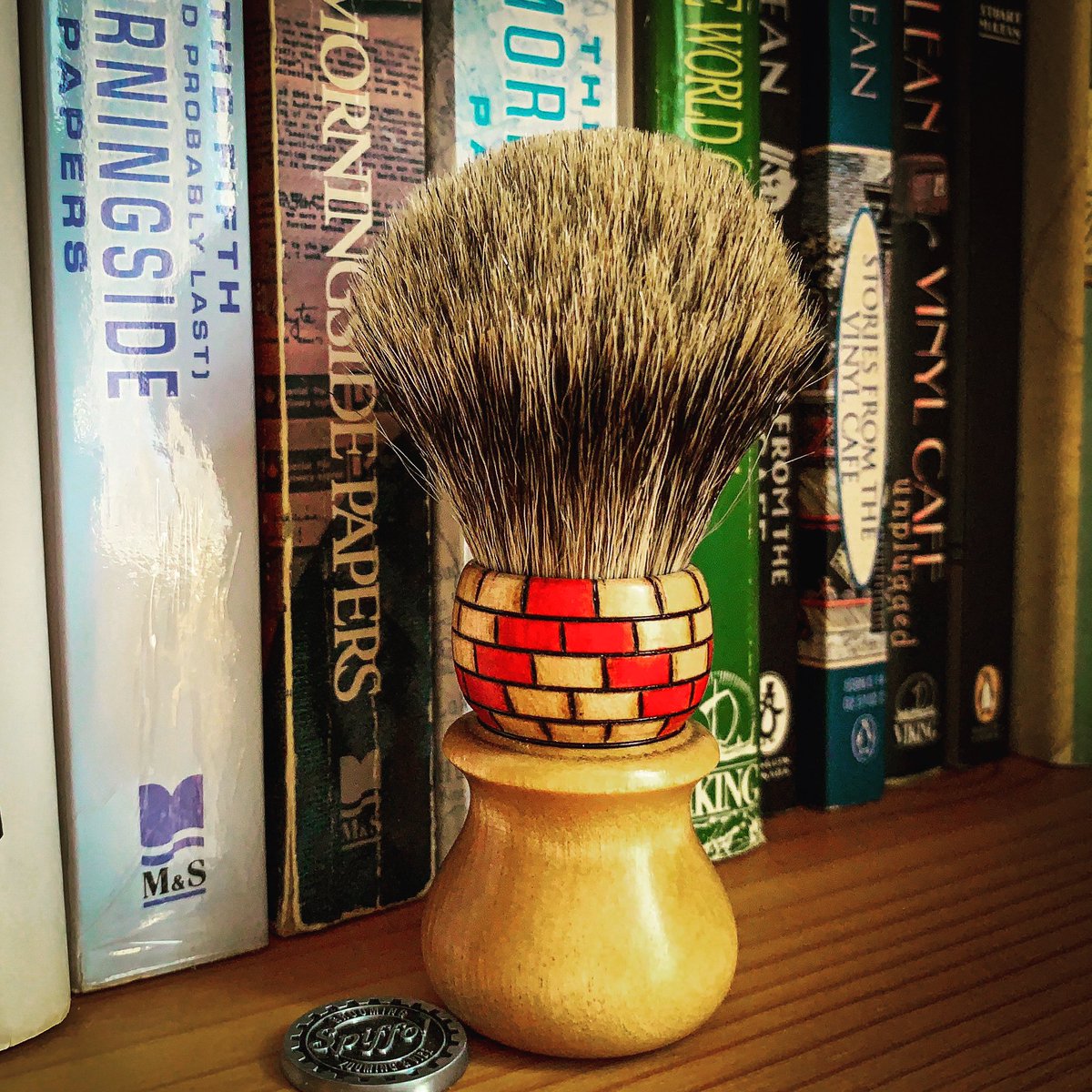 Mente, with its red and natural basket weave ferrule and Gumdrop-style all wood Maple handle and 24mm Best badger knot, stands out from the crowd! #wetshaving #shaving #spiffo #traditionalshaving #shavingbrushes #shavingbrush #spiffoman #shavinggear #halifax #novascotia
