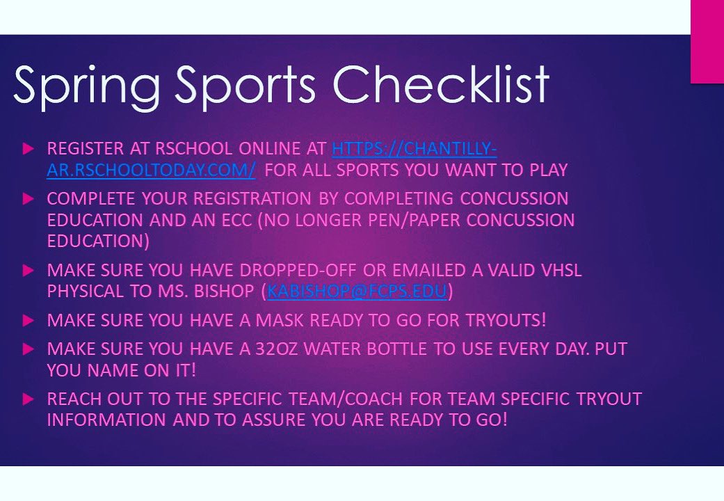 Chantilly athletes make sure you are ready to go come Monday’s tryouts! <a href="/GoChantillyGLAX/">Chantilly GLAX</a> <a href="/chantillysports/">@ChantillySports</a> @CHS_ChargersSB <a href="/Tilly_Baseball/">Chantilly Baseball</a> <a href="/ChantillyLax/">Chantilly Lacrosse</a> <a href="/ChantillyTennis/">Chantilly HS Tennis</a> <a href="/Dapurpplatoon/">CHS Purple Platoon</a>