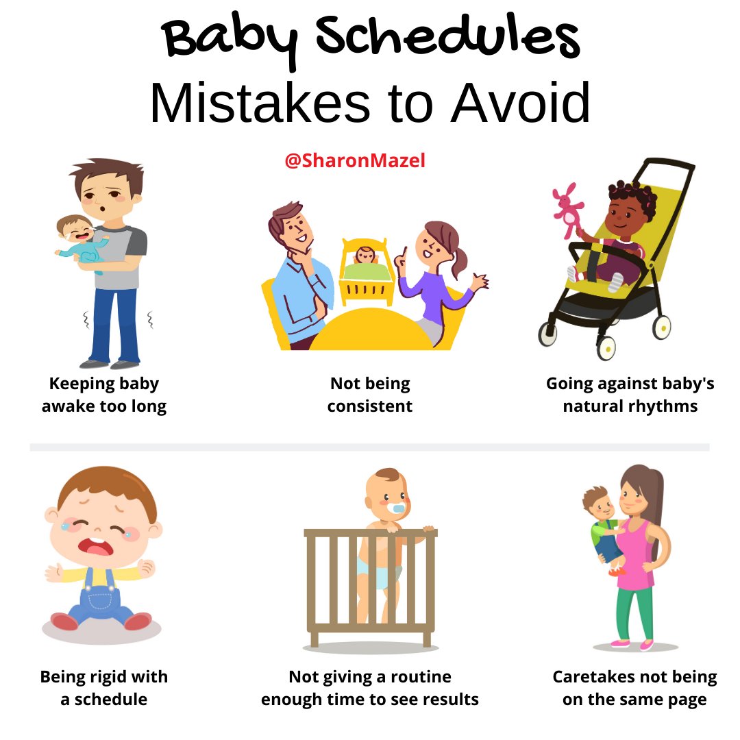 Here's a graphic about mistakes to avoid when creating a flexible routine for your baby's day. Want to learn more about scheduling your baby's day in the first year? Check this guide out, complete with sample schedules: bit.ly/3uwC7Ty