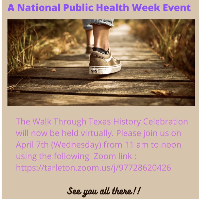 PhsaTarleton's tweet photo. NPHW Day 3!Join us today for our celebration of our walk challenge!! @TarletonPH                                                 Join via zoom on this link below:  https://t.co/cwQybs4rKW https://t.co/nDmRtR1J0S