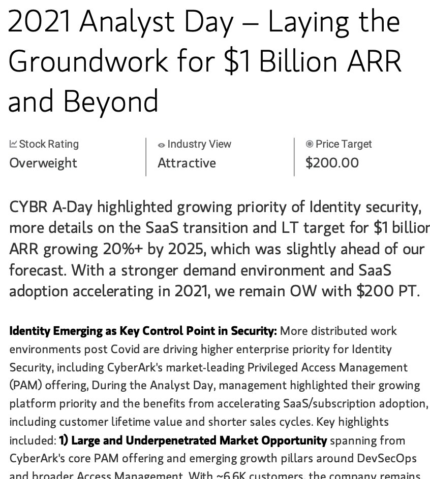 7/ Cyberark  $CYBR - a $5b company had a strong analyst day outlining a plan to hit $1B of ARR in Cybersecurity SAAS by 2025. Palantir has a $40B market cap and a $1.5B ARR run rate. MS sees the stock at $200. If  $CYBR runs to $187 by Jan '22 the $155 calls more than double