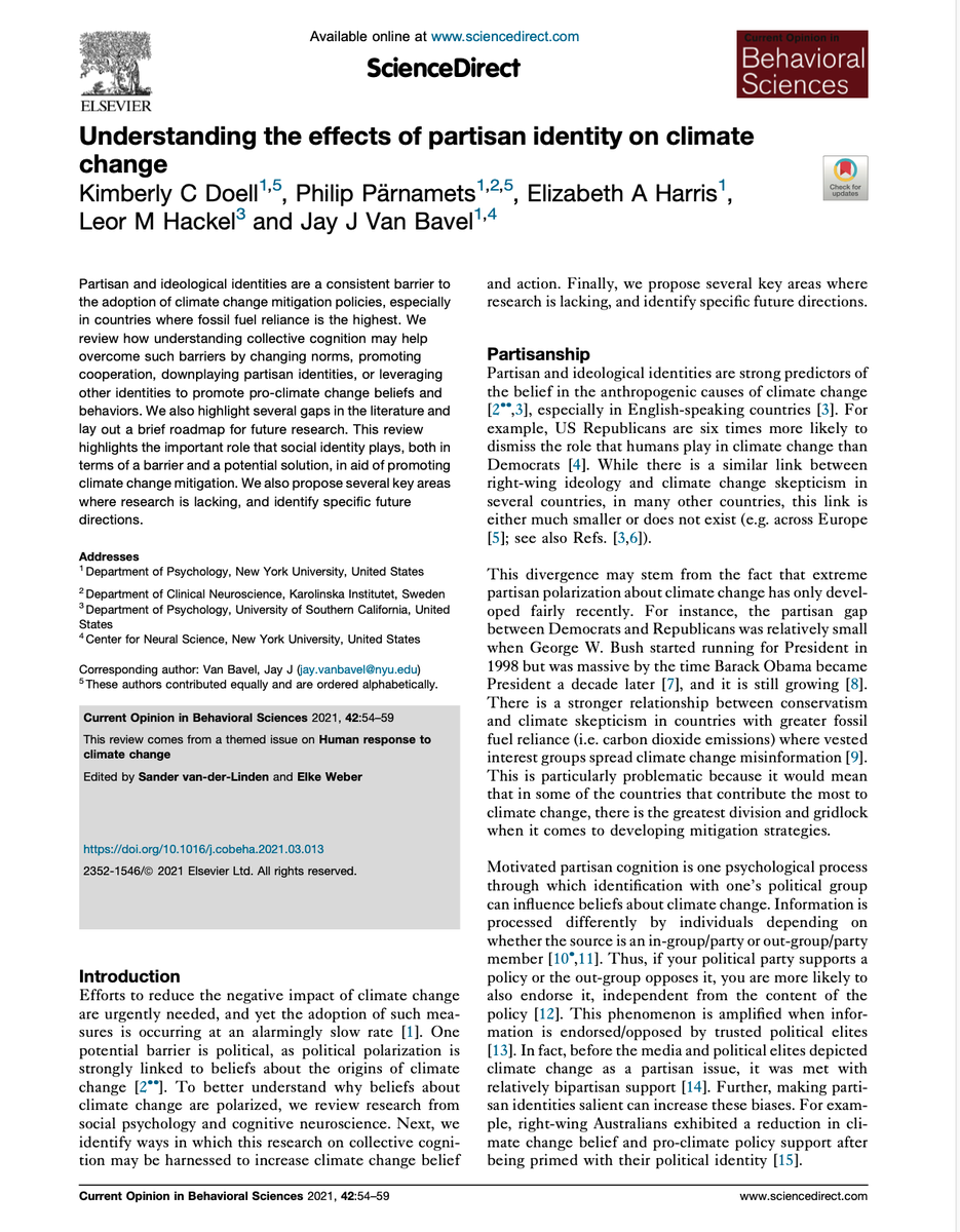 Center for Conflict & Cooperation @ NYU (@ccc_nyu) on Twitter photo We review how social identity can help change norms, promote cooperation, downplaying partisanship, or leverage other identities to promote pro-climate change beliefs & behaviors. sciencedirect.com/science/articl…
Via <a href="/kim_doell/">Kim Doell</a> <a href="/philipparnamets/">Philip Pärnamets</a> @EHarrisNYU <a href="/leorhackel/">Leor Hackel</a> <a href="/jayvanbavel/">Jay Van Bavel, PhD</a> We review how social identity can help change norms, promote cooperation, downplaying partisanship, or leverage other identities to promote pro-climate change beliefs & behaviors. sciencedirect.com/science/articl…
Via <a href="/kim_doell/">Kim Doell</a> <a href="/philipparnamets/">Philip Pärnamets</a> @EHarrisNYU <a href="/leorhackel/">Leor Hackel</a> <a href="/jayvanbavel/">Jay Van Bavel, PhD</a>