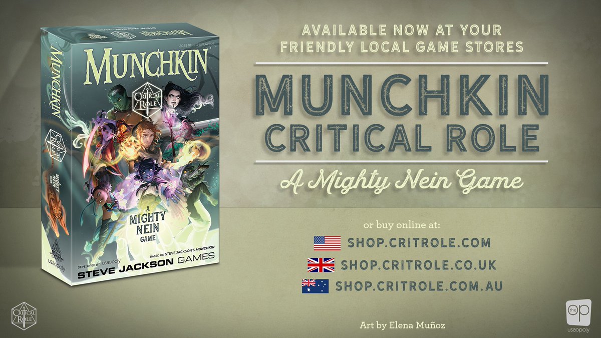 CriticalRole's tweet photo. MUNCHKIN HYPE!

Battle foes alongside the Mighty Nein with Munchkin: Critical Role by @TheOpGames! Available NOW from our US, UK, and AU shops or find it at your friendly local game store! 

🇺🇸 https://t.co/ogvc2vRjLC
🇬🇧 https://t.co/rMae48z8xB
🇦🇺 https://t.co/ksf03Jgoq6 https://t.co/tQIcATxF8V