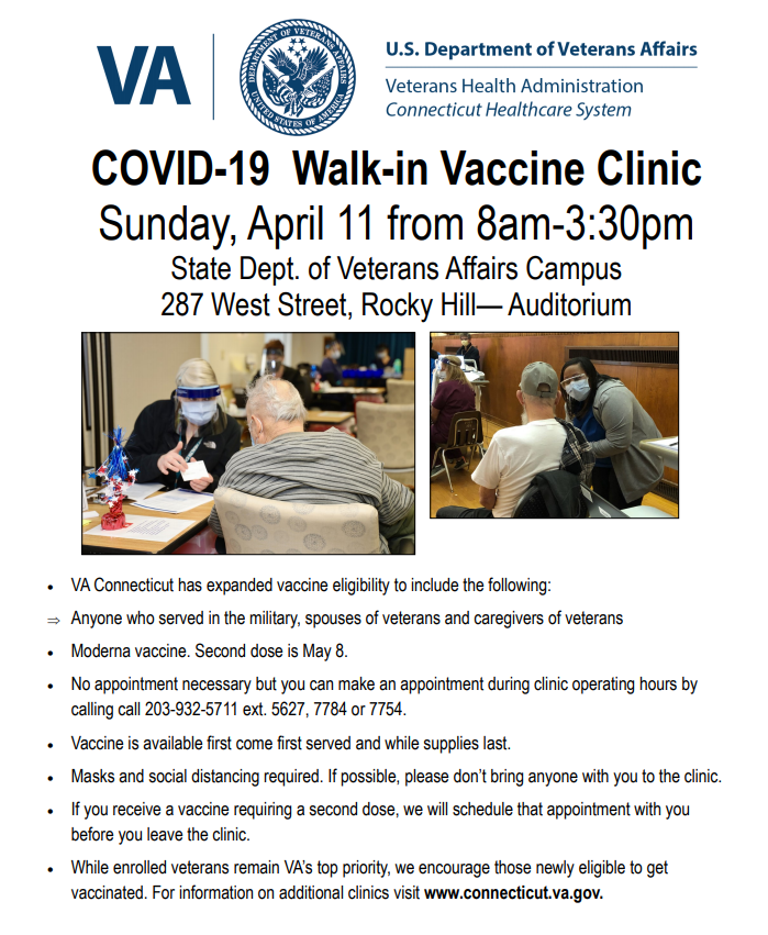 WindsorSeniors's tweet photo. ATTN! The @CTVetsAffairs has opened up their COVID vaccine clinic to Veteran’s spouses and their caregivers, no appointments needed! Info below! https://t.co/MERaXilVVr
