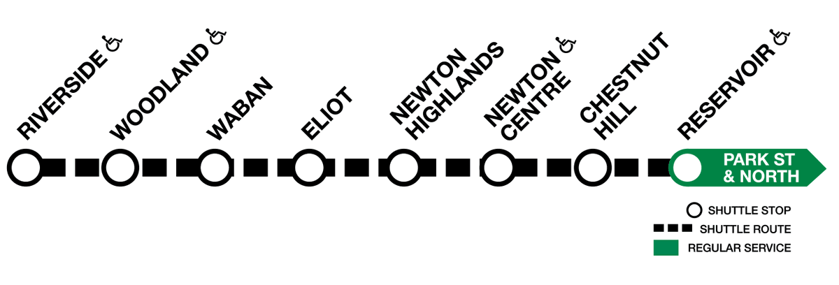 Green Line Reminder: Shuttle buses replace D Branch service between Reservoir and Riverside, Mon - Thurs, beginning at 8:45 PM through the end of service. More: MBTA.com/GLDwork