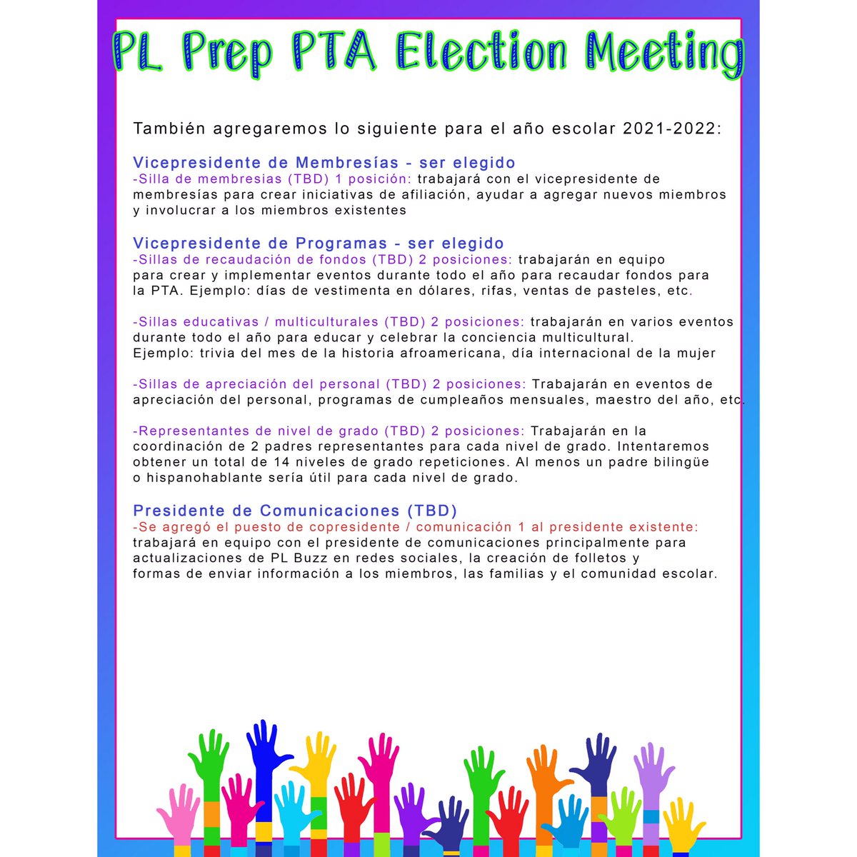 PLPrepPTA's tweet image. Let us know if you are interested in a Board position or would like to volunteer in one of the new Chair positions!  There are spaces to fill with interested members who want to help our PTA and School grow!
