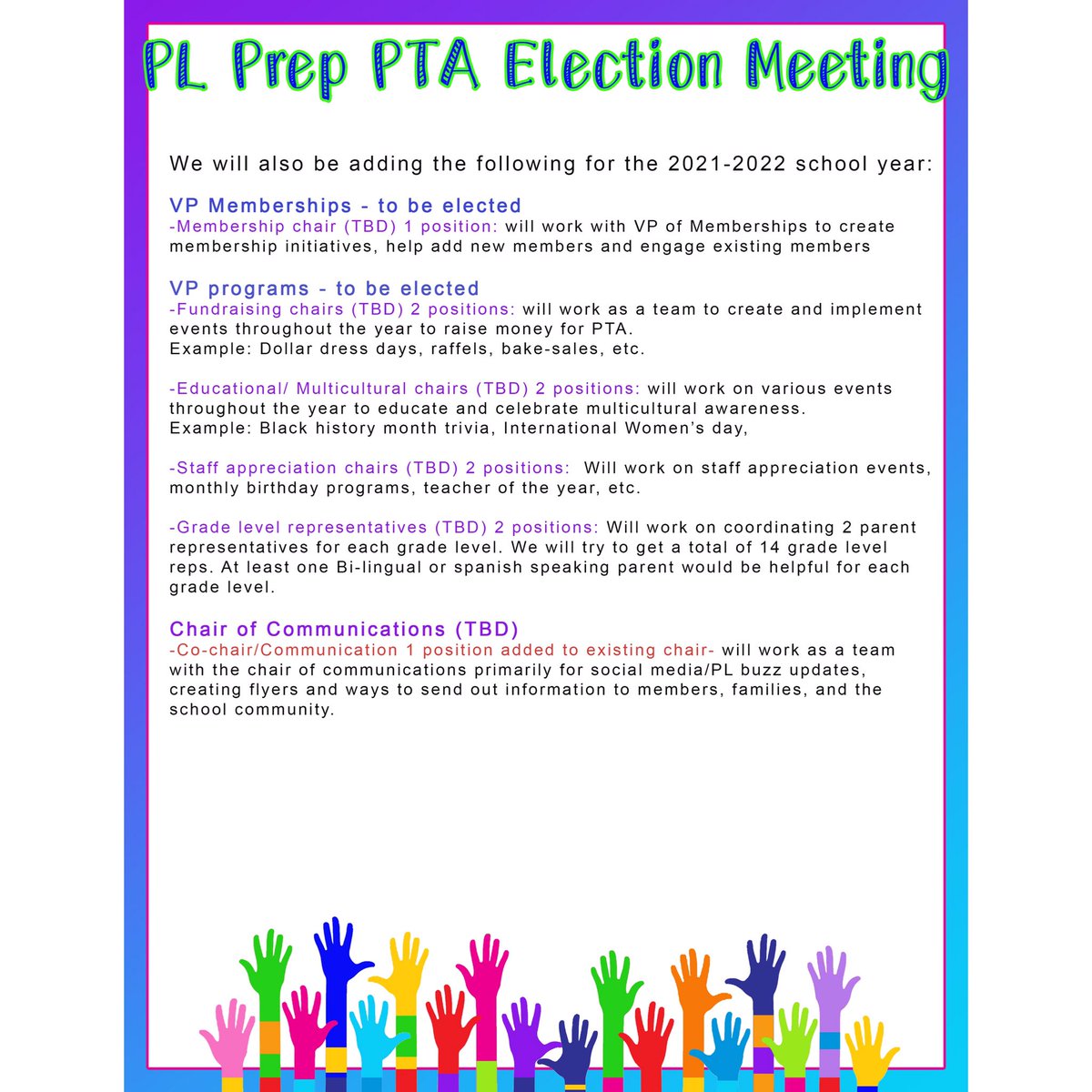 PLPrepPTA's tweet image. Let us know if you are interested in a Board position or would like to volunteer in one of the new Chair positions!  There are spaces to fill with interested members who want to help our PTA and School grow!