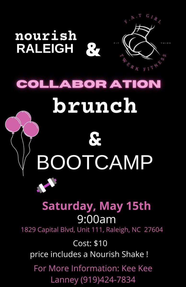 🚨 RALEIGH, NC 🚨
@NourishRaleigh  and F.A.T. Girl Fitness are teaming up this May to bring you BRUNCH & BOOTCAMP! Bring ya knee pads and your appetite!! Class is $10 💕 #fitness #fitnessclass #raleighnc #twerkclass #twerkbootcamp #throwitbike #fatgirlfitness