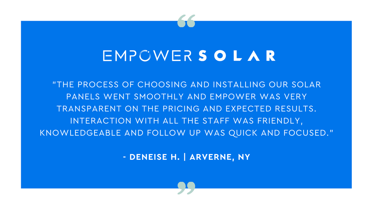 EmPowerSolar's tweet photo. We love making our clients happy! Thanks for the kind words Deneise! ⭐️⭐️⭐️⭐️⭐️ #solar #solarenergy #solarpower #solarpanels #energyefficiency #longisland #nyc #arverne #queens #rockaways #empowersolar #ElectrifyYourLife https://t.co/N4KjBULz5I