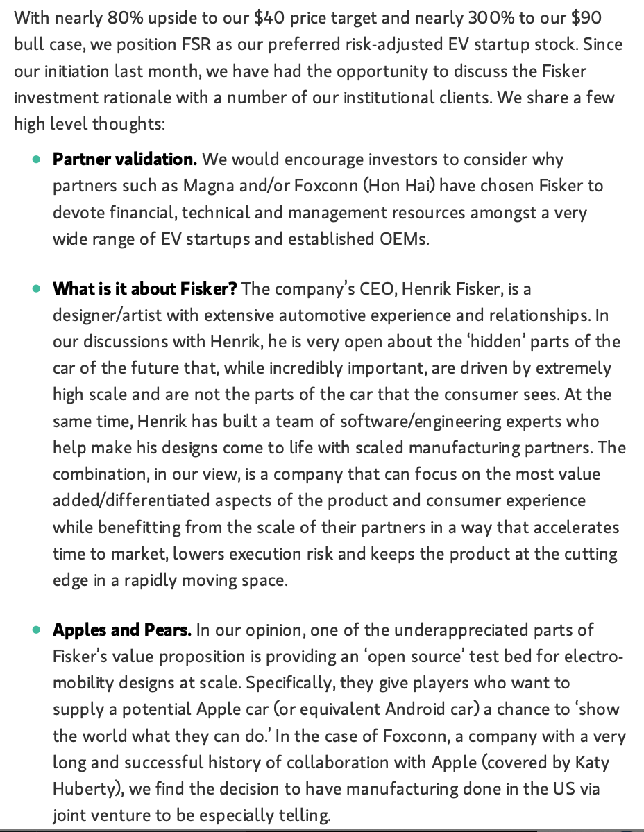 10/ What's a dank option list without an Electric Vehicle play? MS sees  $FSR at $40 due to positive FoxConn traction pointing to potential collaboration with Apple on EVs. With a strong pullback, the $22.5 Jan 2022 FSR calls payout over 200% at $35 just north of ATH.