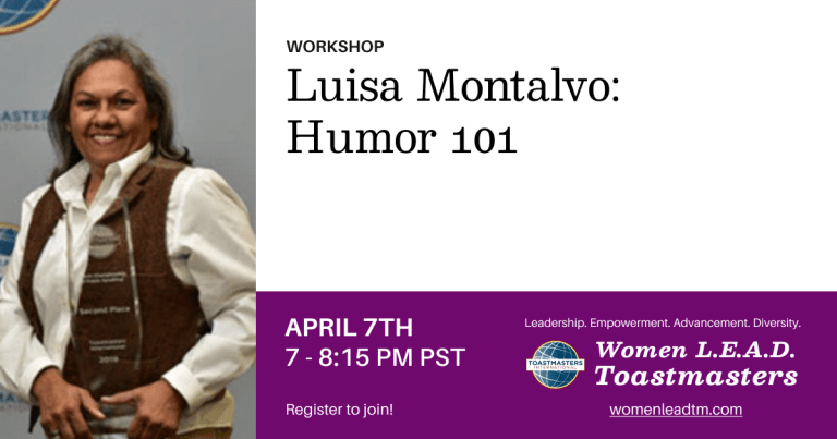 WomenLEADtm's tweet photo. World Champion Luisa Montalvo is giving us a workshop on humor 101 tonight 7pm PDT. Come join us! https://t.co/LwUGfe5XzC
#publicspeaking , #leadershipdevelopment, #toastmastersinternational, #toastmastersclub, #humorous https://t.co/aiuEfARIdQ