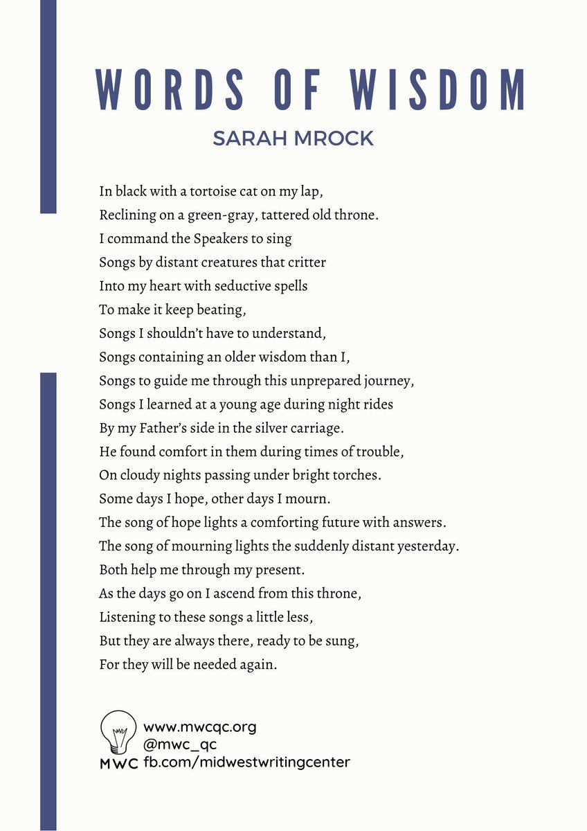 MWC_QC's tweet photo. Today's #NationalPoetryMonth feature is from local poet #SarahMrock. This poem is currently being featured at #DeadPoetsEspresso.
#mwc #mwcqc #midwestwritingcenter #deadpoetsespresso #readlivingpoets #natpomo #napowrimo https://t.co/9YoroPCCUs