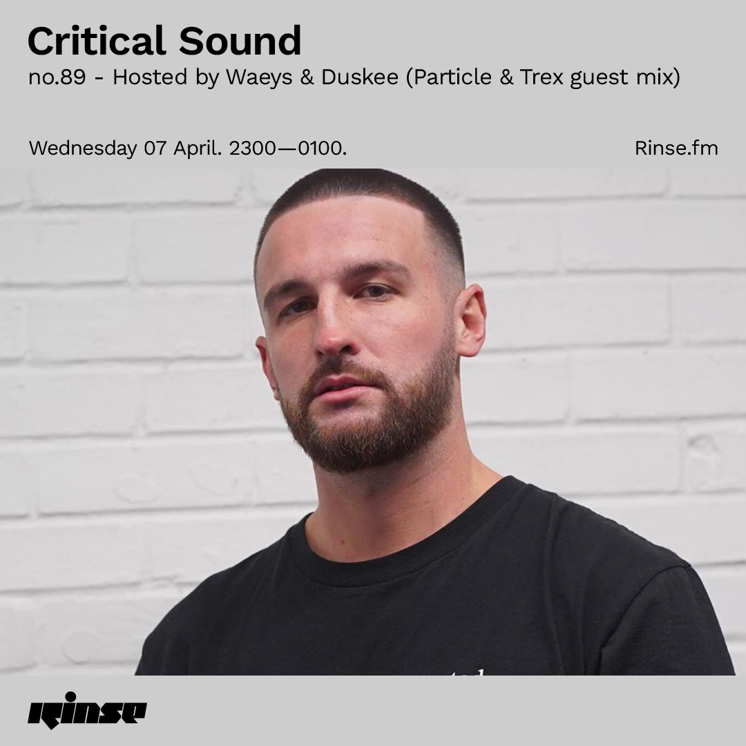 CriticalMusic's tweet image. Tonight it's #CriticalSound on @RinseFM 

On the show:
@casper_waeys &amp;amp; Duskee 🎤
@alexparticle 
@TREXDJ 

Tune in from 11pm (GMT)
📻 rinse.fm
