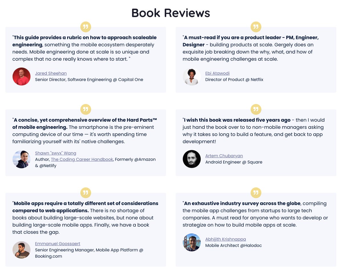 I'm excited to announce the launch of Building Mobile Apps at Scale: 39 Engineering Challenges mobileatscale.com

The book is free as a PDF, thanks to fantastic sponsors. 

What is it about? Here's the table of contents.

Thread on how the book started from a tweet:
