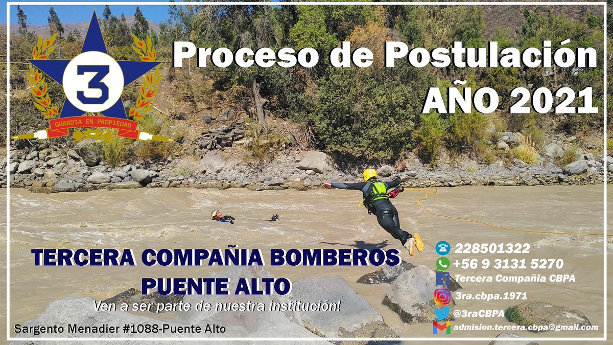 Ya comenzamos!
Hemos abierto nuestro proceso de postulacion 2021, ven y se parte de esta gran institución junto a la Tercera Compañía del Cuerpo de Bomberos de Puente Alto. 

Te esperamos!