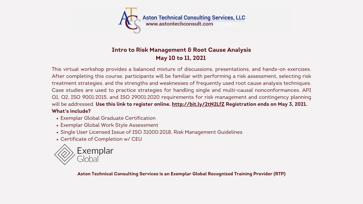 AstonTech's tweet photo. Intro to Risk Management and Root Cause Analysis Workshop. This Exemplar Global RTP virtual workshop will be conducted from May 10-11, 2021. Use this link for details or to register online. https://t.co/aW4POALmkV
 Registration ends May 3, 2021. https://t.co/mFjefAvNXg