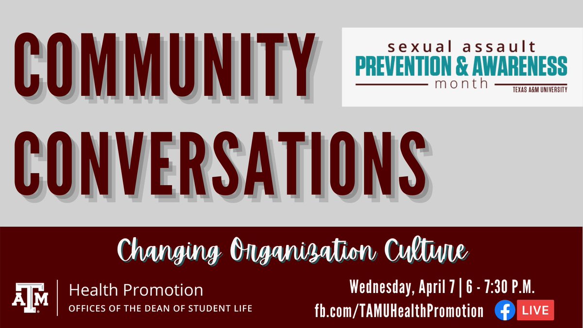 STANDUPTAMU's tweet photo. Join @TAMU_HP tonight, April 7 @ 6pm on FB Live to learn more about how student organizations can be proactive in valuing prevention education around sexual violence as a part of their everyday practices. #SAPAMTAMU #SAAM
@tamustudentlife @tamustuact @tamuslide @GPSGTAMU https://t.co/HJlZTgWAfg
