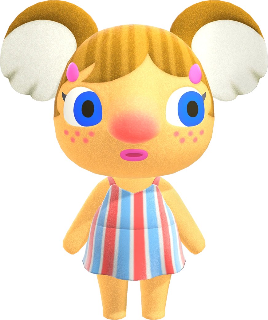 alice - i swear to god i've never had much variety with villagers in my past games because they would ALWAYS give me alice. i don't have much against her, she's just not one of my favorites. her mouth gives me weird vibes but i think the lil clips in her hair are cute