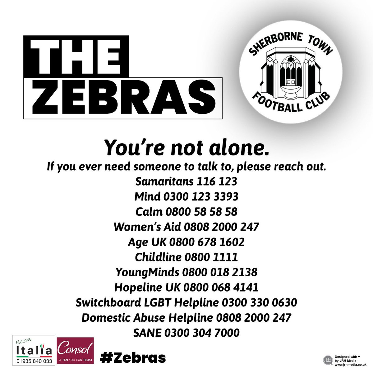 You’re not alone. Don’t be ashamed to ask for help. If you’re worried about someone just drop them a message. Our inbox is always open for a chat #ThinkOfAFan #ThinkOfAFriend #ThinkOfFamily #Zebras #ZebraFamily  @TSWesternLeague <a href="/swsportsnews/">South West Sports News</a> <a href="/Abbey_104/">Abbey104</a> <a href="/DorsetCFA/">Dorset County Football Association</a> <a href="/DPL_official/">Dorset Premier Football League</a>