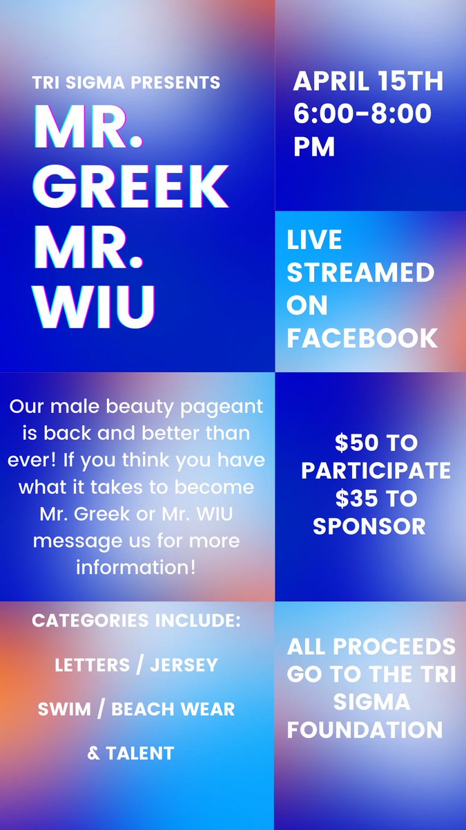 Calling all fraternity men and athletes! Tri Sigmas annual Mr. Greek / Mr. WIU is back! If you think you have what it takes to be our 2021 Mr. Greek or Mr. WIU please message us to sign up!