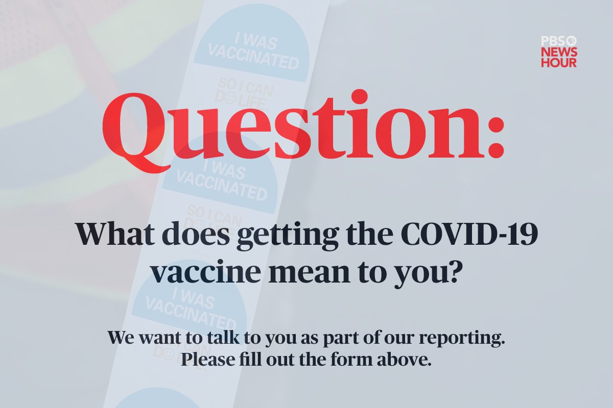 PBS News (@newshour) on Twitter photo What does getting the COVID-19 vaccine mean to you?
<a href="/NewsHourArts/">PBS NewsHour Arts/CANVAS</a> wants to hear from you as part of our reporting. Share your vaccine story here: bit.ly/3dLqn8C What does getting the COVID-19 vaccine mean to you?
<a href="/NewsHourArts/">PBS NewsHour Arts/CANVAS</a> wants to hear from you as part of our reporting. Share your vaccine story here: bit.ly/3dLqn8C