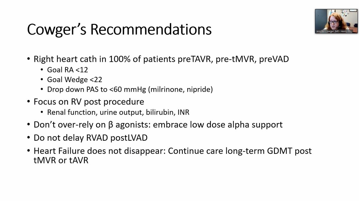 Cowger's Recommendations: everyone gets RHC before procedure and set RA/PA/Wedge goals; Focus on RV post procedure; Don't over-rely on beta-agonists (RV is deficient in receptors!) embrace low dose alpha support; do not delay RVAD post LVAD; GDMT must continue.  @preventfailure