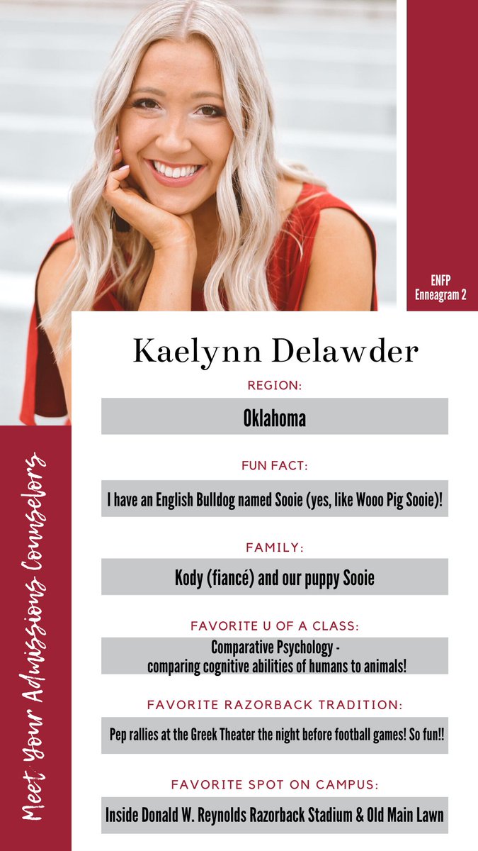 Meet Kaelynn, our admissions counselor who works with students in Oklahoma. A fun fact about Kaelynn is that she got engaged in front of Old Main! #HeadedtotheHill #UARK25 #UARK26

Have questions about attending the U of A? Ask Kaelynn! ow.ly/1l2950E7HIN