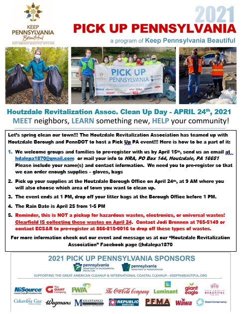 Students...in need of community service hours? Or just want to get outside and help make a difference in the #MVProud community?  @HDalePA, Houtzdale Revitalization Association and <a href="/PennDOTNews/">PA Department of Transportation</a> is sponsoring a 'Clean Up' Day on April 24th from 9 am to 1 pm. Register by April 15: